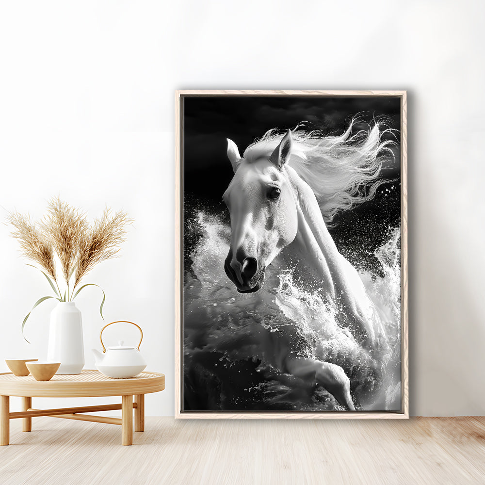 White Horse And Wave Black And White, Floating Framed Canvas Art Print,, Framed Canvas Prints Wall Art