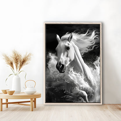 White Horse And Wave Black And White, Floating Framed Canvas Art Print,, Framed Canvas Prints Wall Art