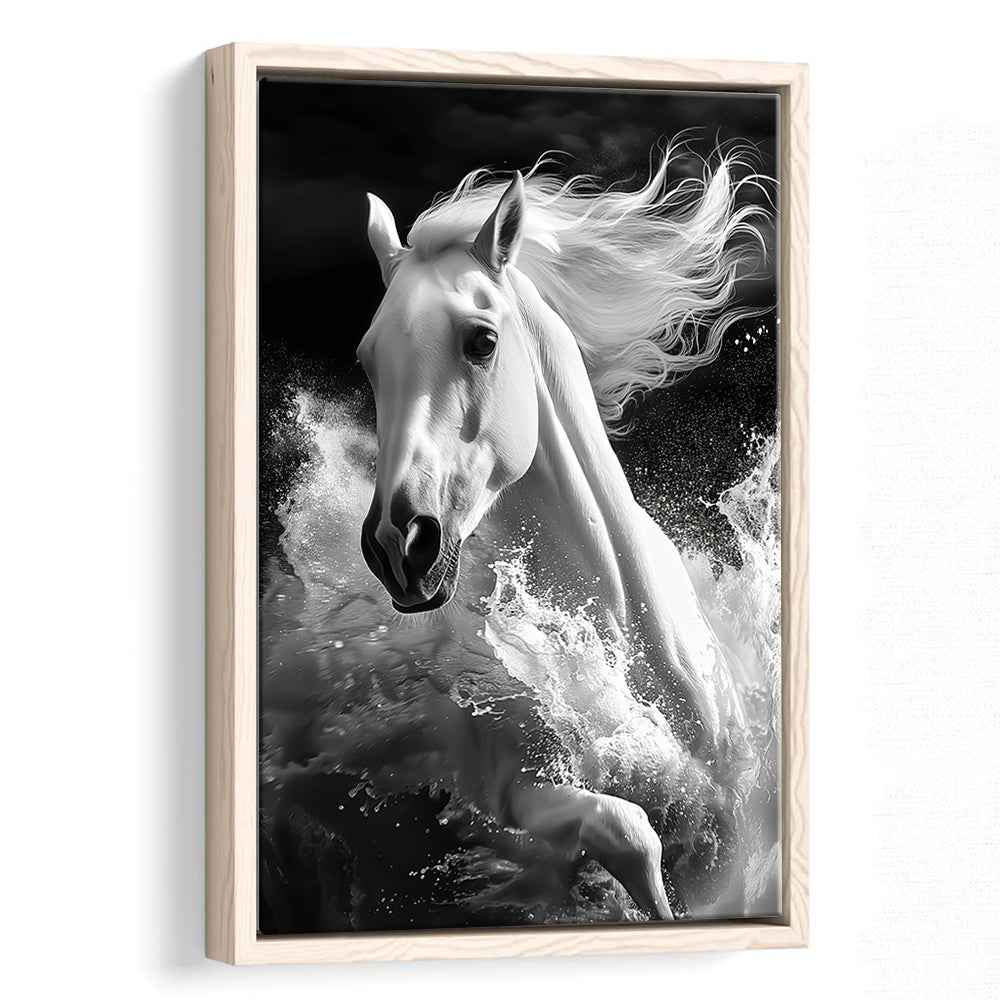 White Horse And Wave Black And White, Floating Framed Canvas Art Print,, Framed Canvas Prints Wall Art