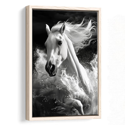 White Horse And Wave Black And White, Floating Framed Canvas Art Print,, Framed Canvas Prints Wall Art