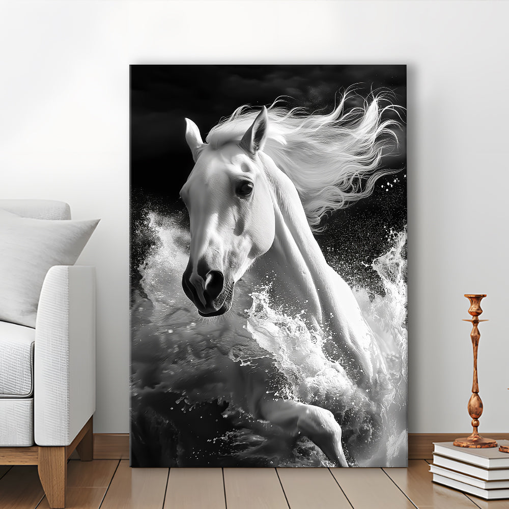 White Horse And Wave Black And White, Canvas Art Print Decor, Painting Art, Canvas Prints Wall Art