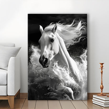 White Horse And Wave Black And White, Canvas Art Print Decor, Painting Art, Canvas Prints Wall Art