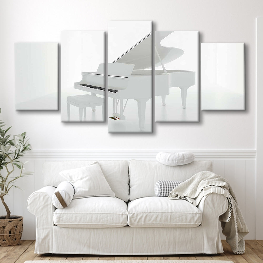 White Piano in the White Room Canvas Print, Classical Music Wall Decor, 5 Piece Large Cavas Print Wall Art