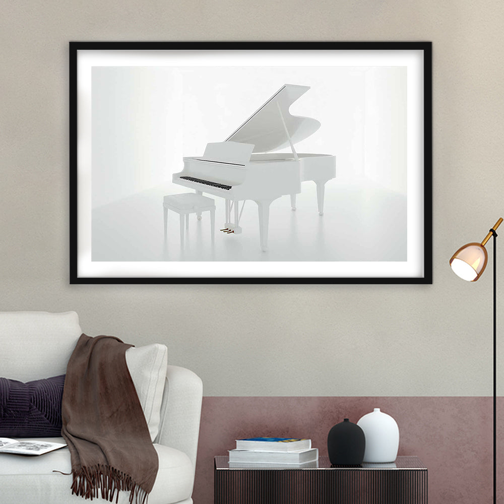 White Piano In The White Room Art Print, Classical Music Wall Decor, Framed Art Print White Border