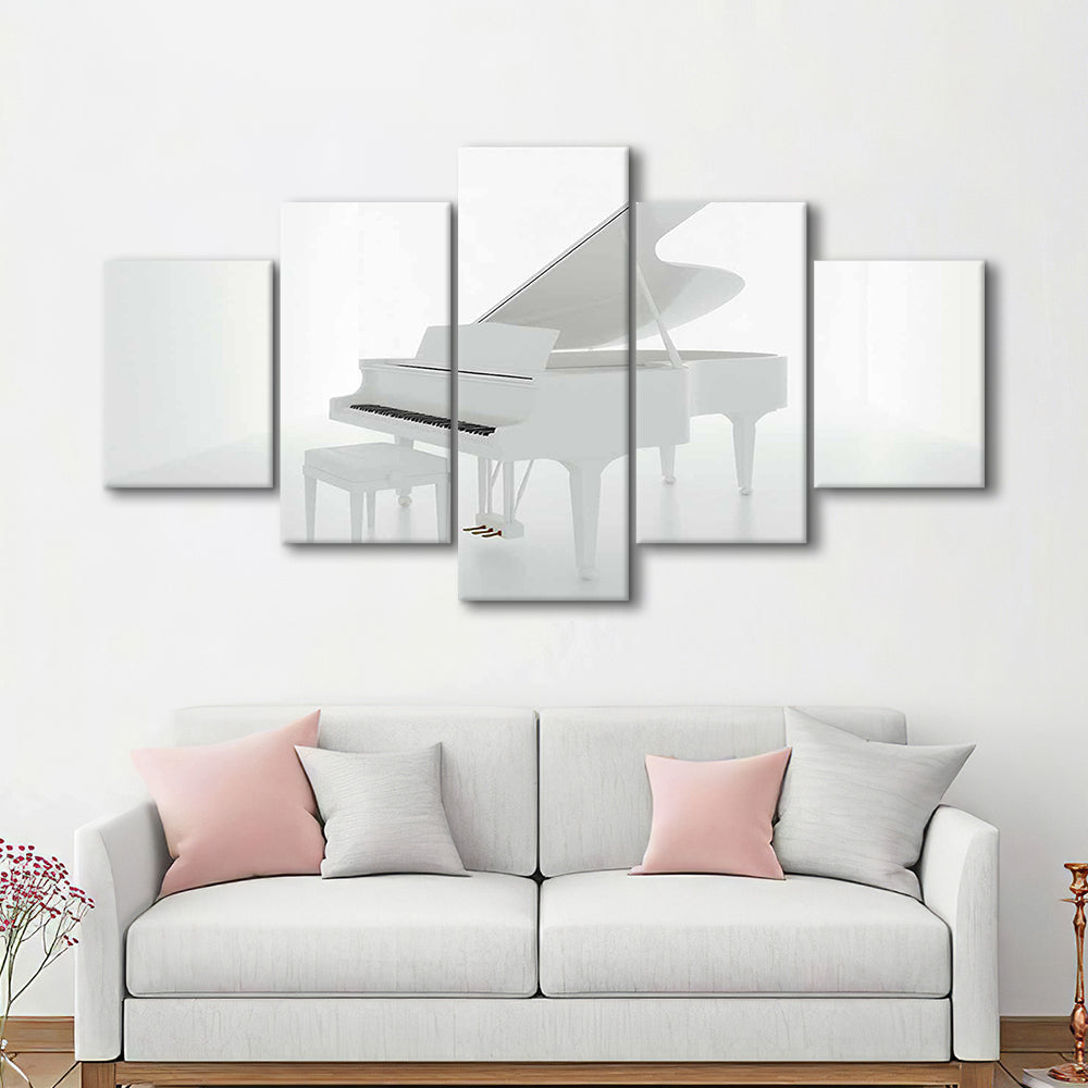 White Piano in the White Room Canvas Print, Classical Music Wall Decor, 5 Piece Large Cavas Print Wall Art
