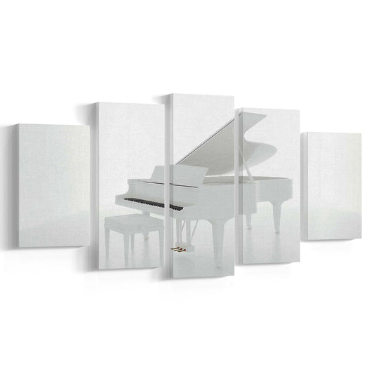 White Piano in the White Room Canvas Print, Classical Music Wall Decor, 5 Piece Large Cavas Print Wall Art