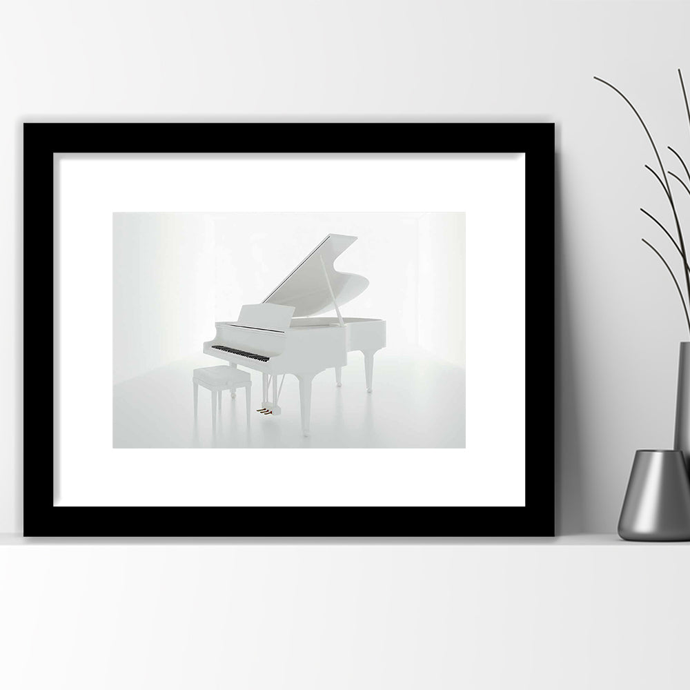 White Piano In The White Room Art Print, Classical Music Wall Decor, Framed Art Print White Border