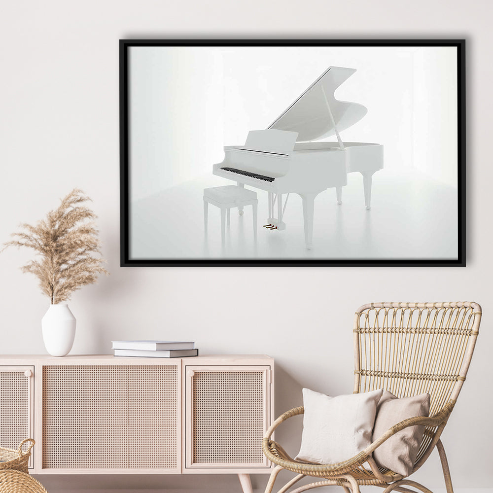 White Piano In The White Room Canvas Print, Classical Music Wall Decor, Framed Cavas Print, Floating Frame