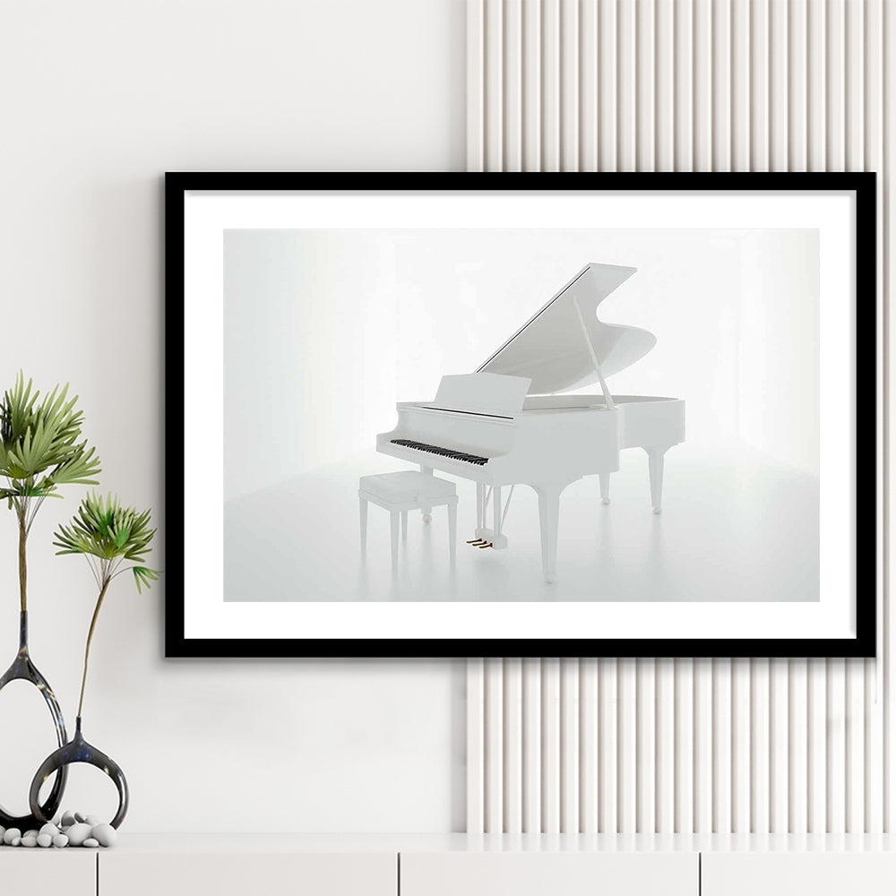 White Piano In The White Room Art Print, Classical Music Wall Decor, Framed Art Print White Border