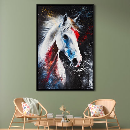 White Stallion Art, Horse Portrait Painting, Floating Framed Canvas Art Print,, Framed Canvas Prints Wall Art