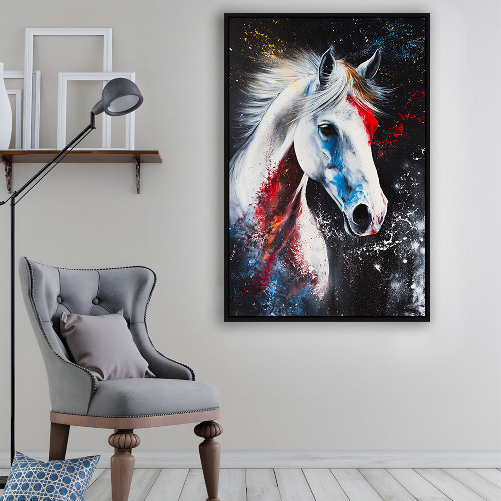 White Stallion Art, Horse Portrait Painting, Floating Framed Canvas Art Print,, Framed Canvas Prints Wall Art