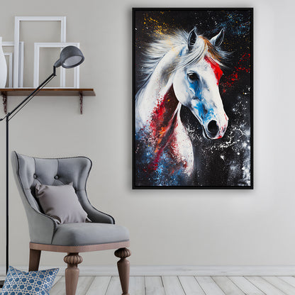White Stallion Art, Horse Portrait Painting, Floating Framed Canvas Art Print,, Framed Canvas Prints Wall Art
