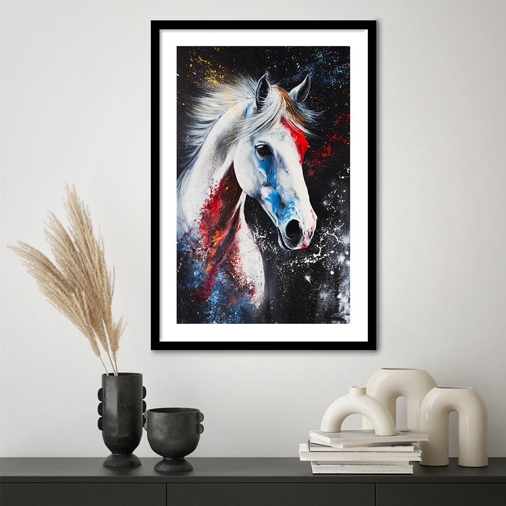 White Stallion Art, Horse Portrait Painting, Framed Picture Print, Framed Art Prints White Border Wall Decor