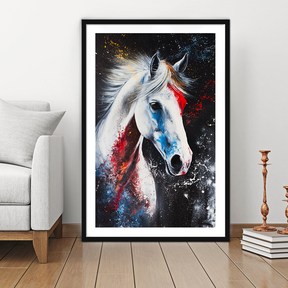 White Stallion Art, Horse Portrait Painting, Framed Picture Print, Framed Art Prints White Border Wall Decor