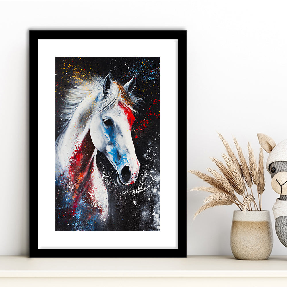 White Stallion Art, Horse Portrait Painting, Framed Picture Print, Framed Art Prints White Border Wall Decor