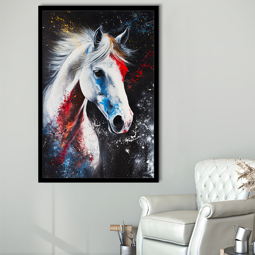 White Stallion Art, Horse Portrait Painting, Framed Picture Print,, Framed Art Prints Wall Decor