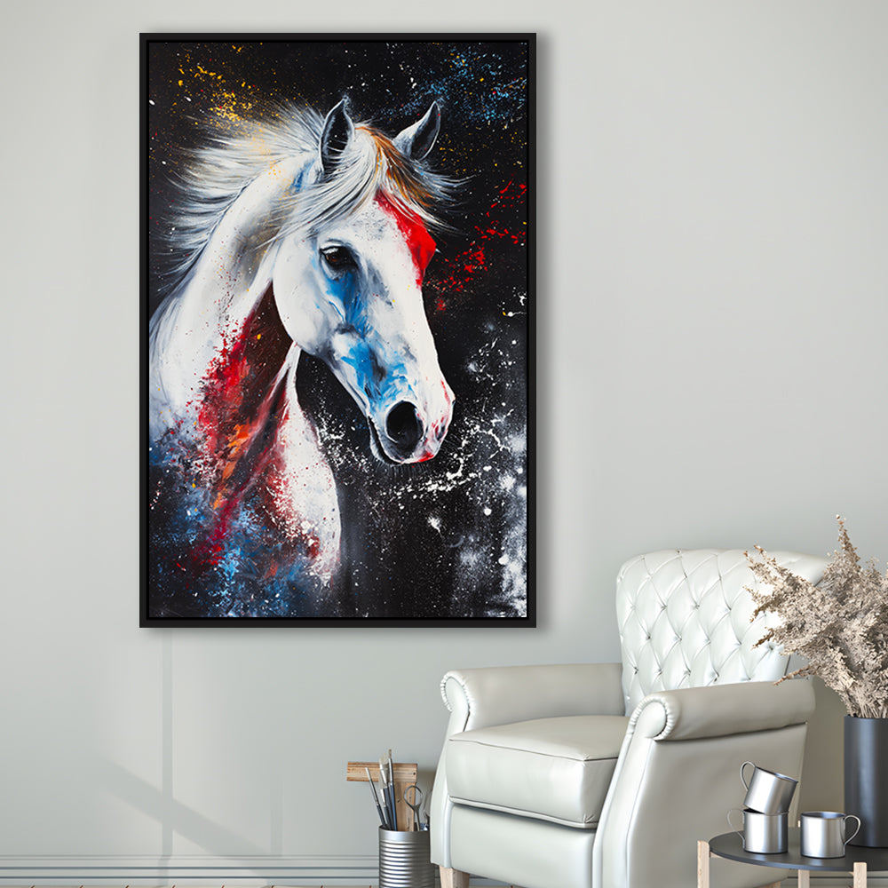 White Stallion Art, Horse Portrait Painting, Floating Framed Canvas Art Print,, Framed Canvas Prints Wall Art