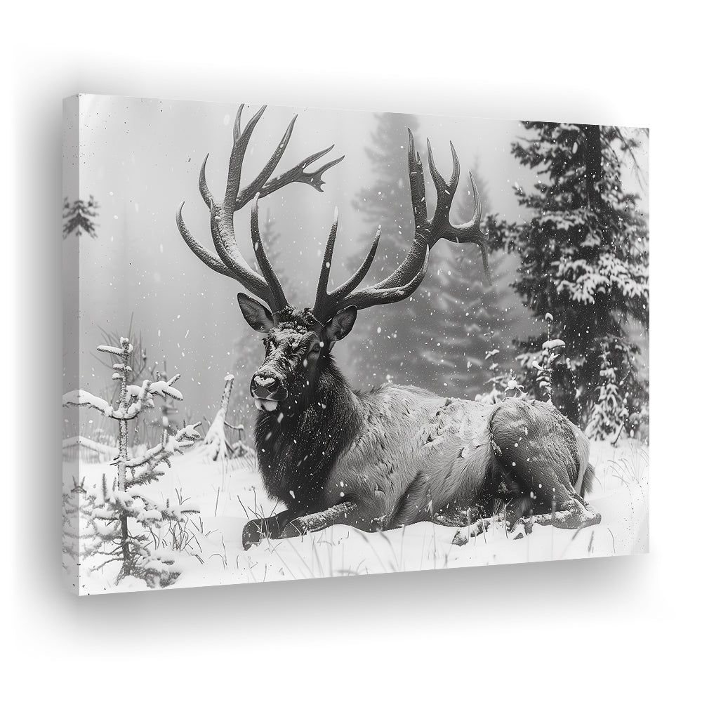 White snow and Elk With Antlers Winter Art, Canvas Art Decor Print, Painting Art, Canvas Print Wall Art Home Decor