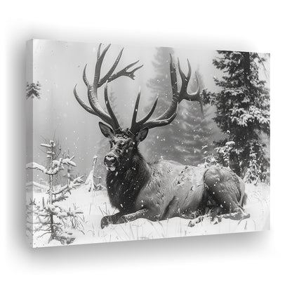 White snow and Elk With Antlers Winter Art, Canvas Art Decor Print, Painting Art, Canvas Print Wall Art Home Decor
