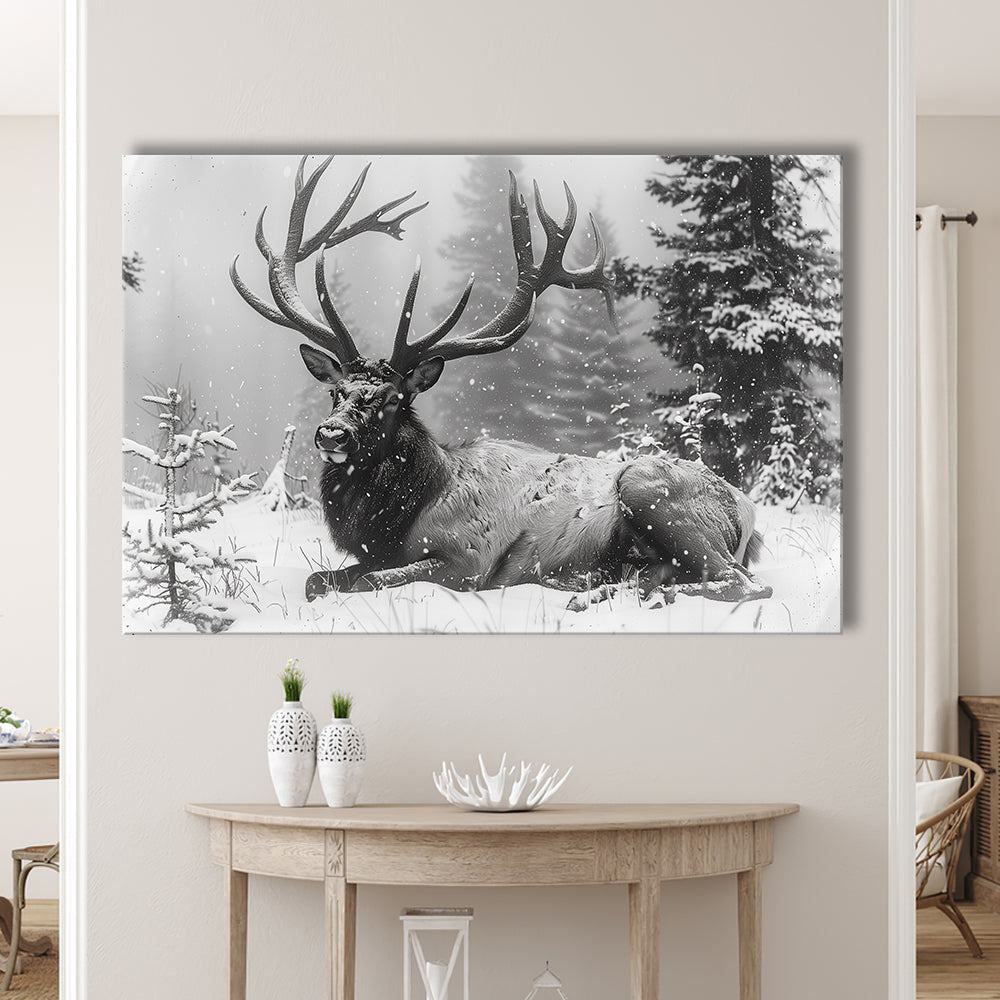 White snow and Elk With Antlers Winter Art, Canvas Art Decor Print, Painting Art, Canvas Print Wall Art Home Decor