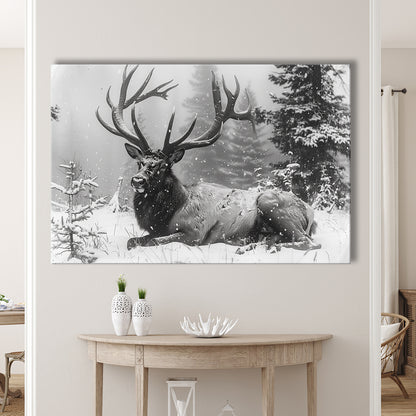 White snow and Elk With Antlers Winter Art, Canvas Art Decor Print, Painting Art, Canvas Print Wall Art Home Decor