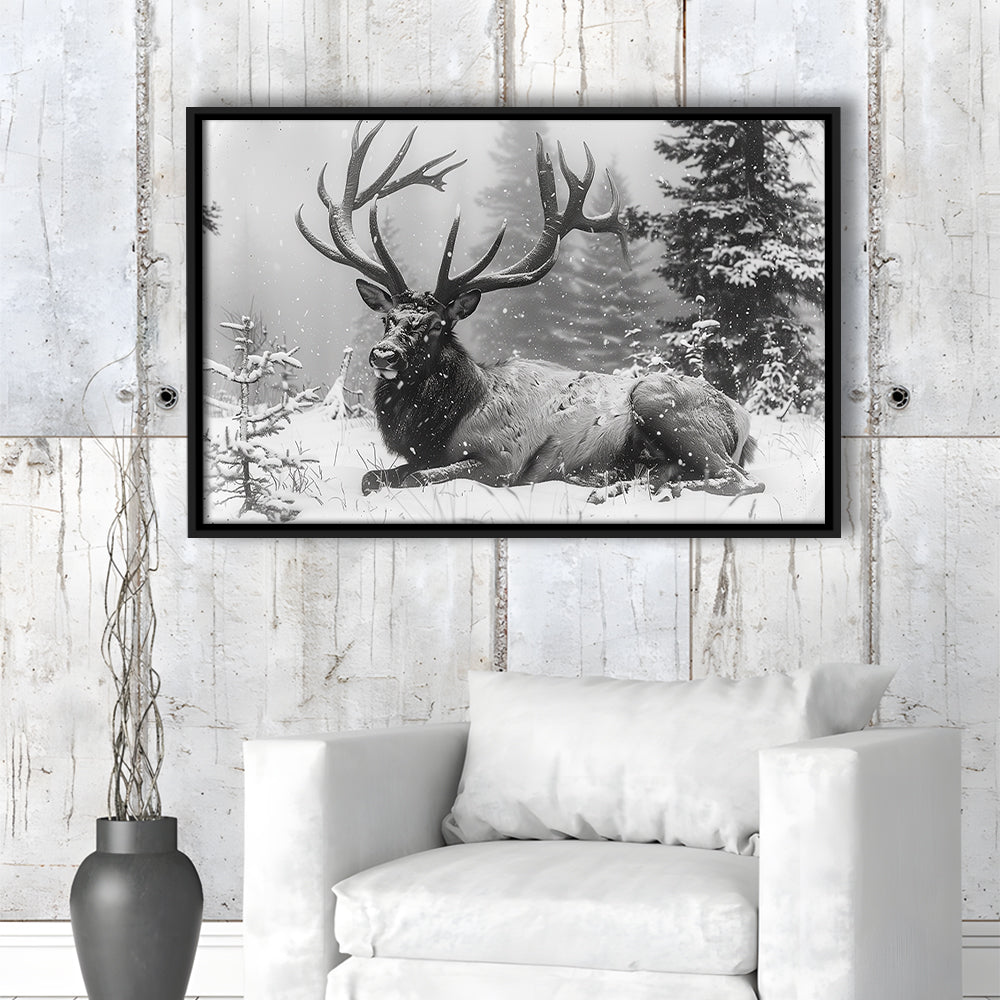 White snow and Elk With Antlers Winter Art, Framed Canvas Print, Painting Art, Floating Framed Canvas Print Wall Art