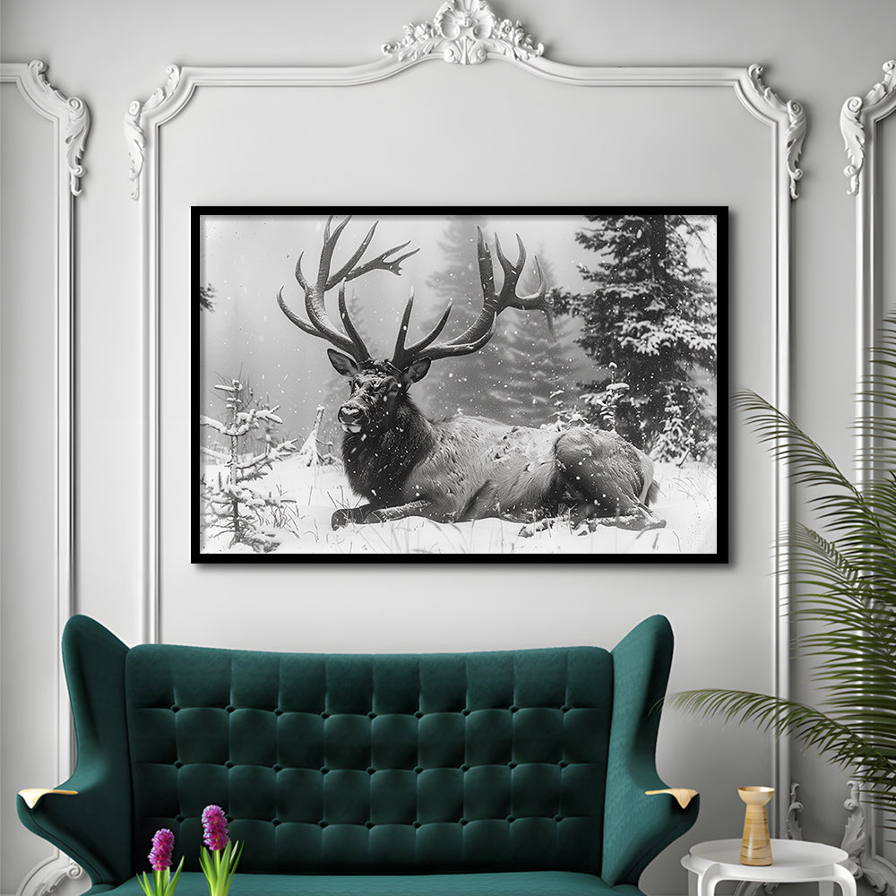 White snow and Elk With Antlers Winter Art, Framed  Print, Painting Art, Framed Art Print Wall Decor, Framed Picture