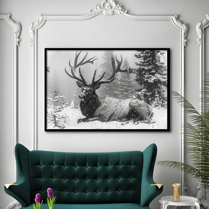 White snow and Elk With Antlers Winter Art, Framed  Print, Painting Art, Framed Art Print Wall Decor, Framed Picture