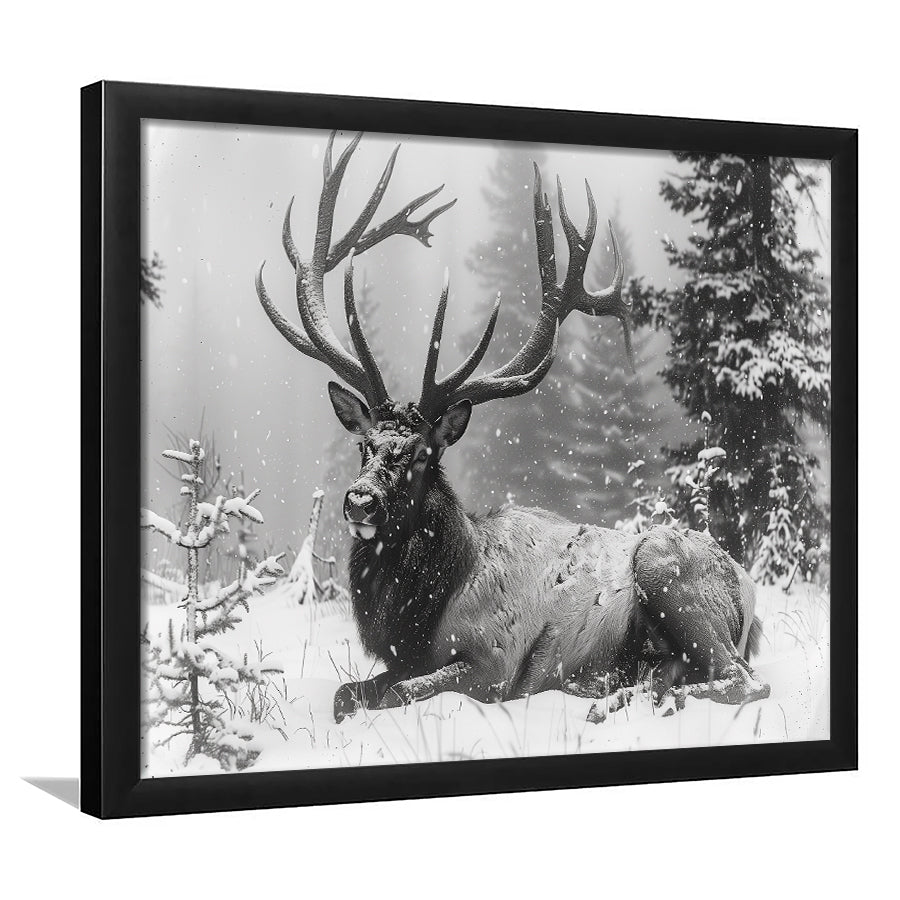 White snow and Elk With Antlers Winter Art, Framed  Print, Painting Art, Framed Art Print Wall Decor, Framed Picture