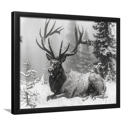 White snow and Elk With Antlers Winter Art, Framed  Print, Painting Art, Framed Art Print Wall Decor, Framed Picture