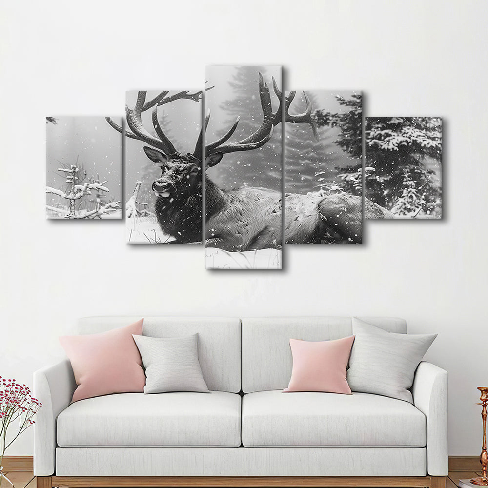 White snow and Elk With Antlers Winter Art, Canvas Art Decor Print, Painting Art, Mixed Panels Canvas Print Wall Art