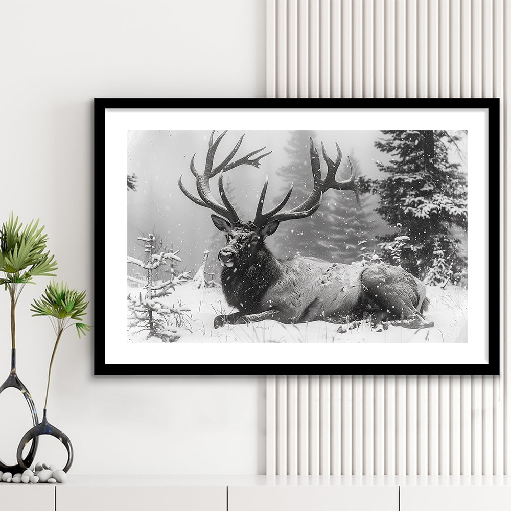 White snow and Elk With Antlers Winter Art, Framed  Print, Painting Art, Framed Art Print White Border Wall Decor
