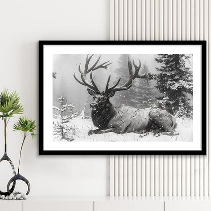 White snow and Elk With Antlers Winter Art, Framed  Print, Painting Art, Framed Art Print White Border Wall Decor