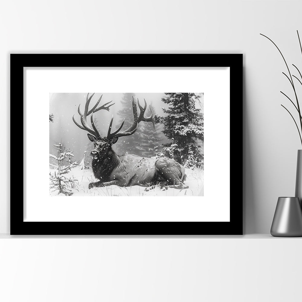 White snow and Elk With Antlers Winter Art, Framed  Print, Painting Art, Framed Art Print White Border Wall Decor