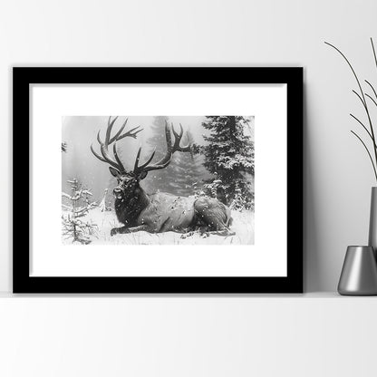 White snow and Elk With Antlers Winter Art, Framed  Print, Painting Art, Framed Art Print White Border Wall Decor
