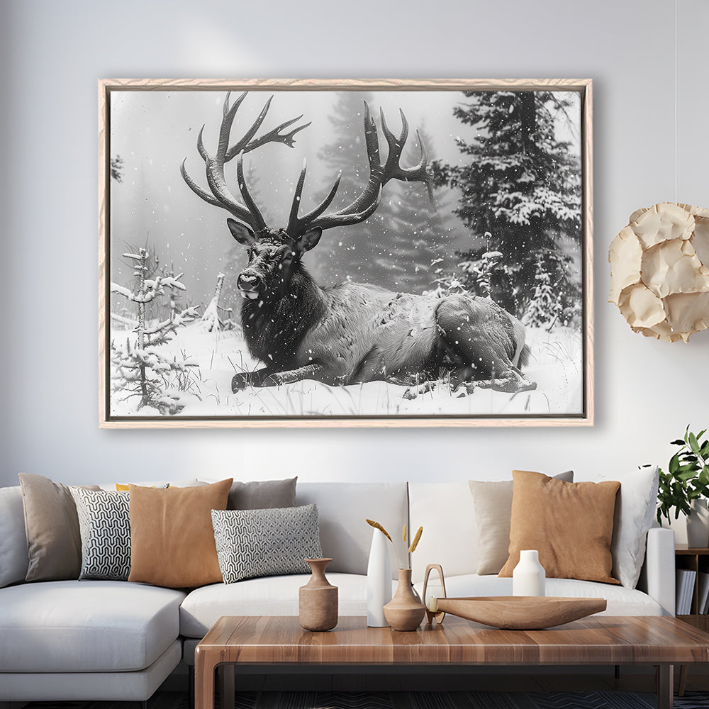 White snow and Elk With Antlers Winter Art, Framed Canvas Print, Painting Art, Floating Framed Canvas Print Wall Art