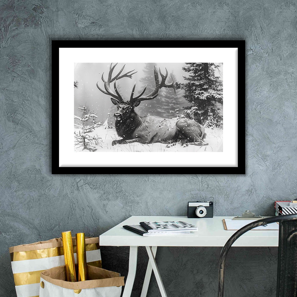 White snow and Elk With Antlers Winter Art, Framed  Print, Painting Art, Framed Art Print White Border Wall Decor