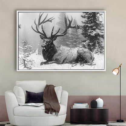 White snow and Elk With Antlers Winter Art, Framed Canvas Print, Painting Art, Floating Framed Canvas Print Wall Art