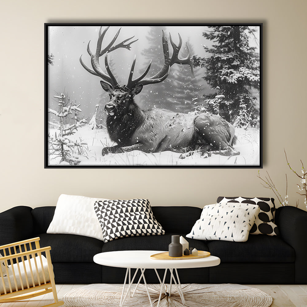 White snow and Elk With Antlers Winter Art, Framed Canvas Print, Painting Art, Floating Framed Canvas Print Wall Art