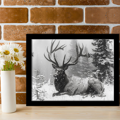 White snow and Elk With Antlers Winter Art, Framed  Print, Painting Art, Framed Art Print Wall Decor, Framed Picture
