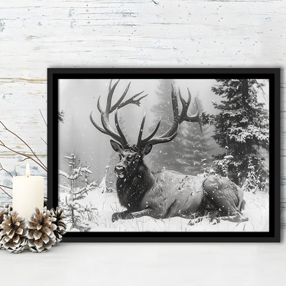 White snow and Elk With Antlers Winter Art, Framed Canvas Print, Painting Art, Floating Framed Canvas Print Wall Art