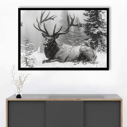 White snow and Elk With Antlers Winter Art, Framed  Print, Painting Art, Framed Art Print Wall Decor, Framed Picture