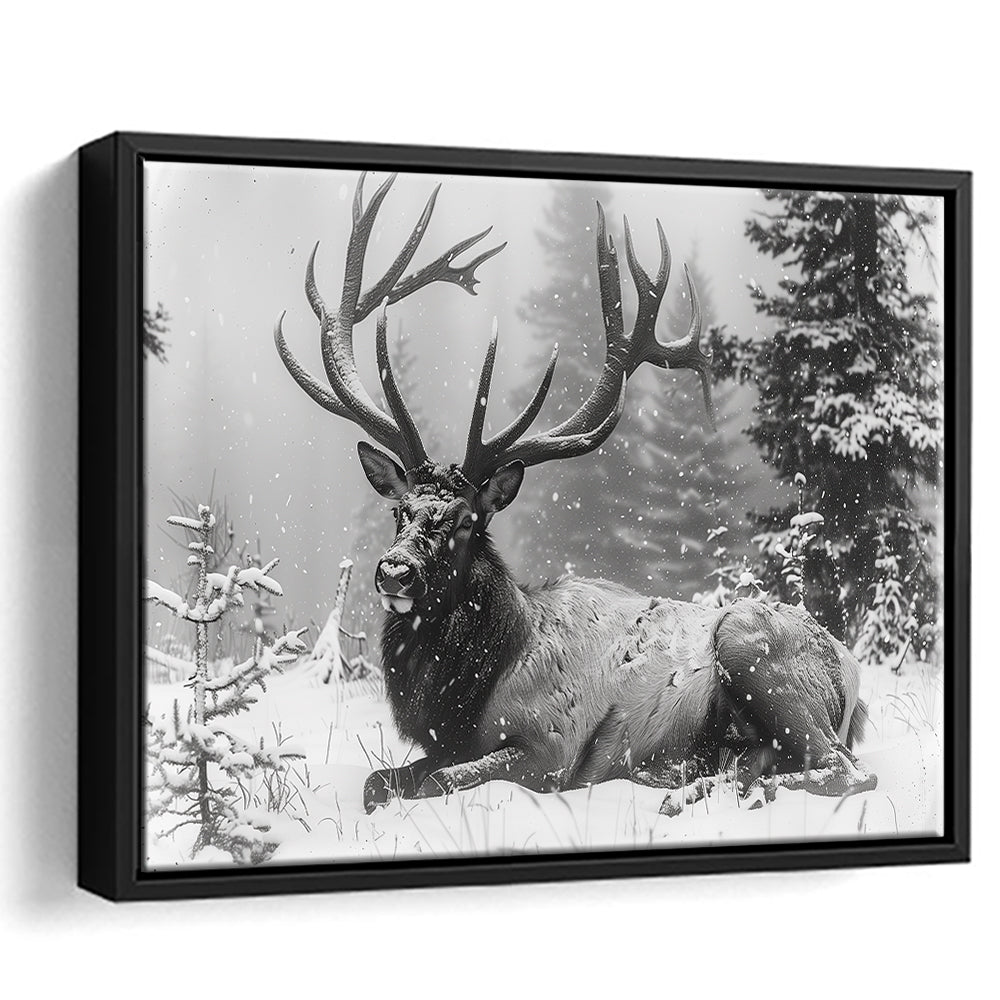 White snow and Elk With Antlers Winter Art, Framed Canvas Print, Painting Art, Floating Framed Canvas Print Wall Art