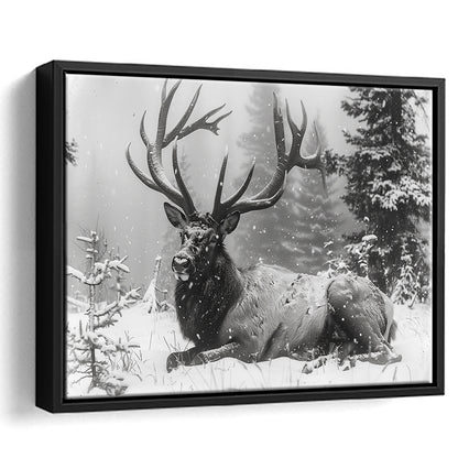 White snow and Elk With Antlers Winter Art, Framed Canvas Print, Painting Art, Floating Framed Canvas Print Wall Art