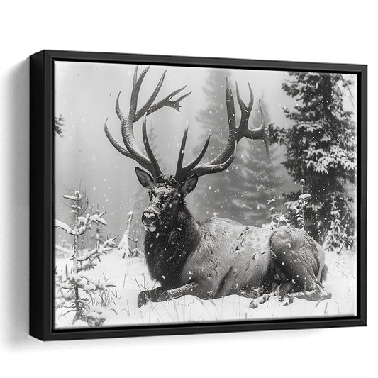 White snow and Elk With Antlers Winter Art, Framed Canvas Print, Painting Art, Floating Framed Canvas Print Wall Art
