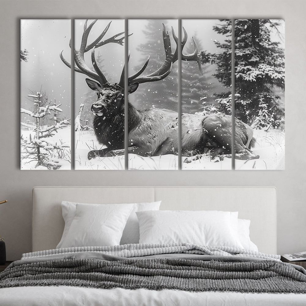 White snow and Elk With Antlers Winter Art, Canvas Art Print, Painting Art, Multi Panels Canvas Print Wall Art