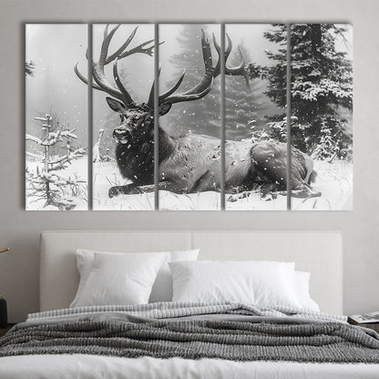 White snow and Elk With Antlers Winter Art, Canvas Art Print, Painting Art, Multi Panels Canvas Print Wall Art