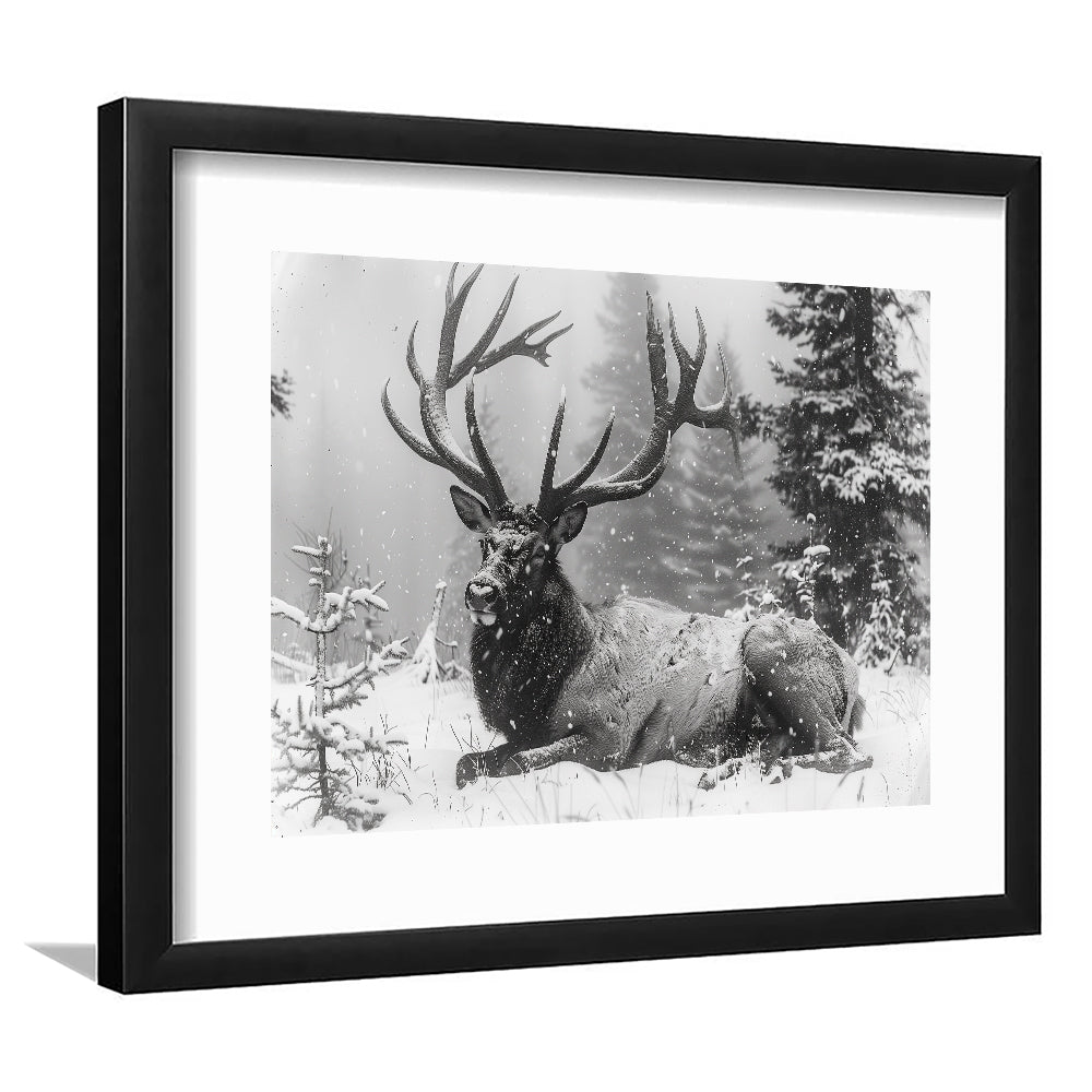 White snow and Elk With Antlers Winter Art, Framed  Print, Painting Art, Framed Art Print White Border Wall Decor