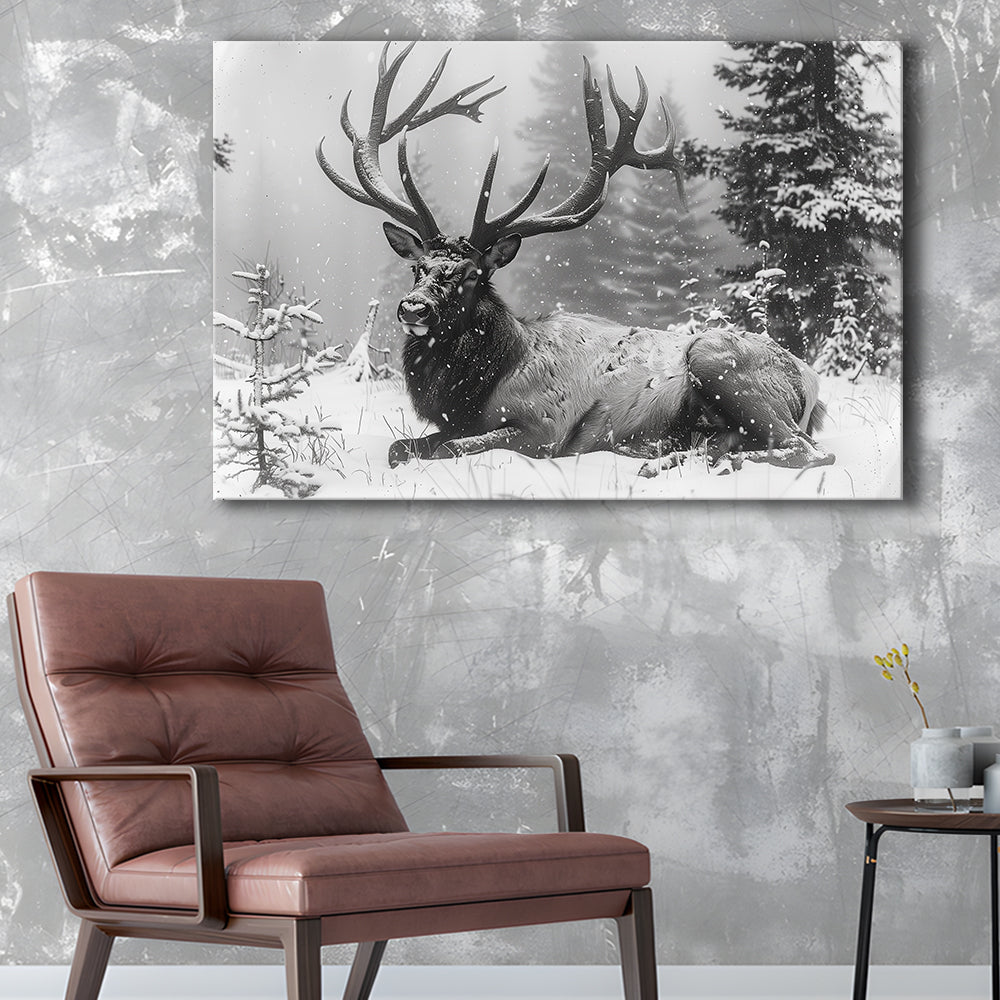 White snow and Elk With Antlers Winter Art, Canvas Art Decor Print, Painting Art, Canvas Print Wall Art Home Decor