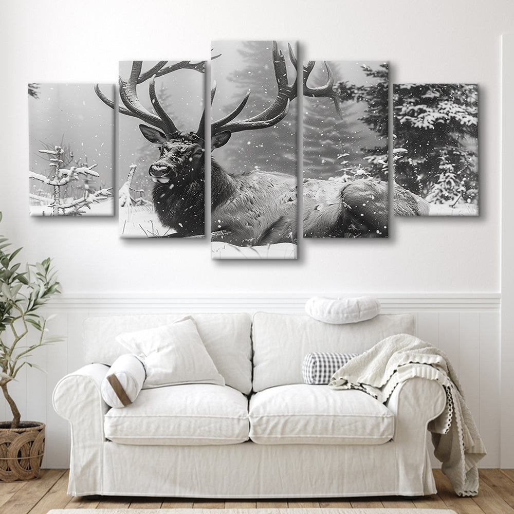 White snow and Elk With Antlers Winter Art, Canvas Art Decor Print, Painting Art, Mixed Panels Canvas Print Wall Art